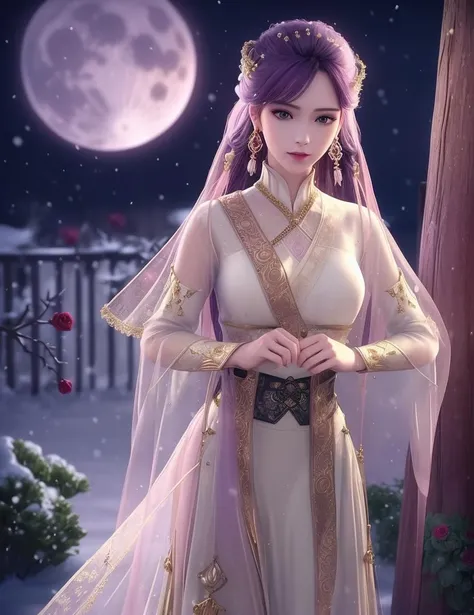 ultra realistic 8k cg, picture-perfect face, flawless, clean, masterpiece, professional artwork, famous artwork, cinematic lighting, cinematic bloom, perfect face, beautiful face, fantasy, dreamlike, unreal, science fiction, beautiful clothes, lace, lace trim, lace-trimmed legwear, (rich:1.4), prestige, luxury, jewelry, diamond, gold, pearl, gem, sapphire, ruby, emerald, intricate detail, delicate pattern, charming, alluring, seductive, erotic, enchanting, hair ornament, necklace, earrings, bracelet, armlet,halo
((,1girl, ,))(((,,,, , 1girl, , solo, ,chinese clothes,looking at viewer, rose, red_rose, flower, red_flower, moon, earrings, 1girl, bare_tree, night, pink_rose, jewelry, full_moon, thorns, holding_flower, snow, purple_hair, tree, blue_rose, , purple_rose, snowing ,skirt, , )))<lora:DA_XuLingXi:0.6>