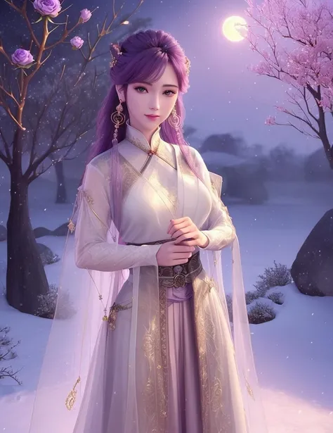 ultra realistic 8k cg, picture-perfect face, flawless, clean, masterpiece, professional artwork, famous artwork, cinematic lighting, cinematic bloom, perfect face, beautiful face, fantasy, dreamlike, unreal, science fiction, beautiful clothes, lace, lace trim, lace-trimmed legwear, (rich:1.4), prestige, luxury, jewelry, diamond, gold, pearl, gem, sapphire, ruby, emerald, intricate detail, delicate pattern, charming, alluring, seductive, erotic, enchanting, hair ornament, necklace, earrings, bracelet, armlet,halo
((,1girl, ,))(((,,,, , 1girl, , solo, ,chinese clothes,looking at viewer, rose, red_rose, flower, red_flower, moon, earrings, 1girl, bare_tree, night, pink_rose, jewelry, full_moon, thorns, holding_flower, snow, purple_hair, tree, blue_rose, , purple_rose, snowing ,skirt, , )))<lora:DA_XuLingXi:0.6>