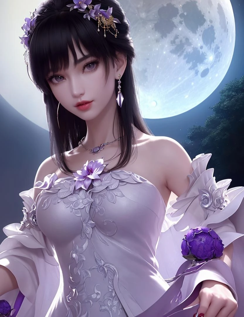 ultra realistic 8k cg, picture-perfect face, flawless, clean, masterpiece, professional artwork, famous artwork, cinematic lighting, cinematic bloom, perfect face, beautiful face, fantasy, dreamlike, unreal, science fiction, lace, lace trim, lace-trimmed legwear, (rich:1.4), prestige, luxury, jewelry, diamond, gold, pearl, gem, sapphire, ruby, emerald, intricate detail, delicate pattern, charming, alluring, seductive, erotic, enchanting, hair ornament, necklace, earrings, bracelet, armlet,halo
((,1girl, pov,))(((1girl, jewelry, solo,, breasts, , looking_at_viewer, outdoors, full moon, upper body, purple flower, ))) <lora:DA_YueChanTeen:0.7>