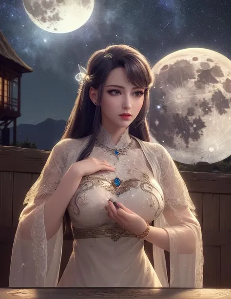 ultra realistic 8k cg, flawless, clean, masterpiece, professional artwork, famous artwork, cinematic lighting, cinematic bloom, perfect face, beautiful face, fantasy, dreamlike, unreal, science fiction, lace, lace trim, lace-trimmed legwear, luxury, jewelry, diamond, gold, pearl, gem, sapphire, ruby, emerald, intricate detail, delicate pattern, charming, alluring, seductive, erotic, enchanting, hair ornament, necklace, earrings, bracelet, armlet,halo,autumn,
((,1girl, pov,best quality, )) , ((((1girl, solo,outdoors, large breasts, full moon ,moonlight, starry sky, milky way, )))) <lora:DA_QiuYueHua:0.6>