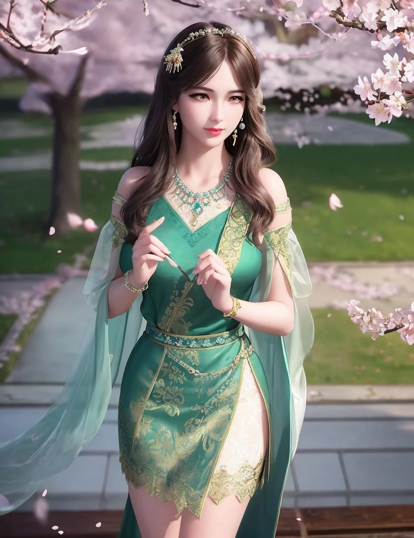 ultra realistic 8k cg, picture-perfect face, flawless, clean, masterpiece, professional artwork, famous artwork, cinematic lighting, cinematic bloom, perfect face, beautiful face, fantasy, dreamlike, unreal, science fiction, lace, lace trim, lace-trimmed legwear, (rich:1.4), prestige, luxury, jewelry, diamond, gold, pearl, gem, sapphire, ruby, emerald, intricate detail, delicate pattern, charming, alluring, seductive, erotic, enchanting, hair ornament, necklace, earrings, bracelet, armlet,halo
((,1girl, pov,)) , ((((1girl, solo, ,cherry blossoms,outdoors, ))))<lora:DA_NingRongRong:0.6>