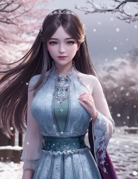 ultra realistic 8k cg, flawless, clean, masterpiece, professional artwork, famous artwork, cinematic lighting, cinematic bloom, perfect face, beautiful face, fantasy, dreamlike, unreal, science fiction, lace, lace trim, lace-trimmed legwear, luxury, jewelry, diamond, gold, pearl, gem, sapphire, ruby, emerald, intricate detail, delicate pattern, charming, alluring, seductive, erotic, enchanting, hair ornament, necklace, earrings, bracelet, armlet,halo,autumn,
((,1girl, pov,best quality, )) , ((((1girl, solo,outdoors, large breasts,,snowflakes, snow, snowing, plum blossoms, ))))
<lora:DA_NingRongRong2.0:0.6>