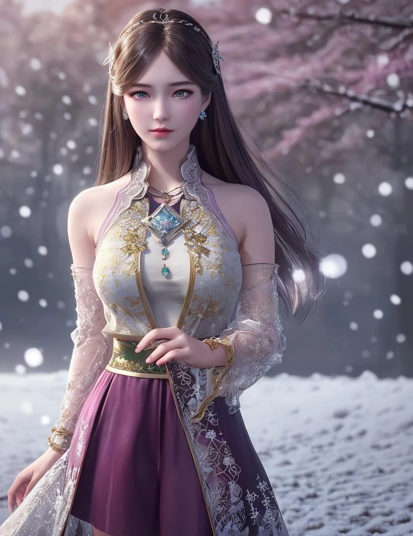 ultra realistic 8k cg, flawless, clean, masterpiece, professional artwork, famous artwork, cinematic lighting, cinematic bloom, perfect face, beautiful face, fantasy, dreamlike, unreal, science fiction, lace, lace trim, lace-trimmed legwear, luxury, jewelry, diamond, gold, pearl, gem, sapphire, ruby, emerald, intricate detail, delicate pattern, charming, alluring, seductive, erotic, enchanting, hair ornament, necklace, earrings, bracelet, armlet,halo,autumn,
((,1girl, pov,best quality, )) , ((((1girl, solo,outdoors, large breasts,,snowflakes, snow, snowing, plum blossoms, ))))
<lora:DA_NingRongRong2.0:0.6>