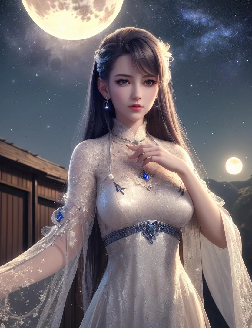 ultra realistic 8k cg, flawless, clean, masterpiece, professional artwork, famous artwork, cinematic lighting, cinematic bloom, perfect face, beautiful face, fantasy, dreamlike, unreal, science fiction, lace, lace trim, lace-trimmed legwear, luxury, jewelry, diamond, gold, pearl, gem, sapphire, ruby, emerald, intricate detail, delicate pattern, charming, alluring, seductive, erotic, enchanting, hair ornament, necklace, earrings, bracelet, armlet,halo,autumn,
((,1girl, pov,best quality, )) , ((((1girl, solo,outdoors, large breasts, full moon ,moonlight, starry sky, milky way, )))) <lora:DA_QiuYueHua:0.6>