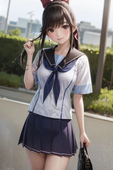 (masterpiece, best quality:1.2), <lora:loveplus_takane-10:1>, cowboy shot, solo, 1girl, takane manaka, smile, looking at viewer, ponytail, hair bow, school uniform, serafuku, skirt