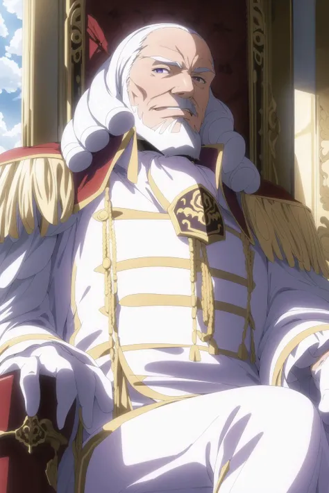 in a hallway with a sky background and clouds in the background, with a doorway leading to another room,
sitting in a red and gold throne,(Close-Up),
White and yellow Uniform,White and yellow outfit, long sleeves, White and yellow_shirt,White_pants,white_gloves,cape,
<lora:Charles_Code_Geass-KK77-V1:0.7>,jewelry,gem,emperor,
White_hair,purple_eyes,beard, purple light in their eyes , white headband,mustache,
1 old_man, 63yo,male,Beautiful FingerBeautiful body,Beautiful Nose,Beautiful character design, perfect eyes, perfect face,
looking at viewer,evil_smile,
NSFW,official art,extremely detailed CG unity 8k wallpaper, perfect lighting,Colorful, Bright_Front_face_Lighting,
(masterpiece:1.0),(best_quality:1.0), ultra high res,4K,ultra-detailed,
photography, 8K, HDR, highres, absurdres:1.2, Kodak portra 400, film grain, blurry background, bokeh:1.2, lens flare, (vibrant_color:1.2)