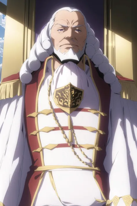 in a hallway with a sky background and clouds in the background, with a doorway leading to another room,
Standing before a red and gold throne,(Close-Up),
White and yellow Uniform,White and yellow outfit, long sleeves, White and yellow_shirt,White_pants,white_gloves,cape,
<lora:Charles_Code_Geass-KK77-V1:0.7>,jewelry,gem,emperor,
White_hair,purple_eyes,beard, purple light in their eyes , white headband,mustache,
1 old_man, 63yo,male,Beautiful FingerBeautiful body,Beautiful Nose,Beautiful character design, perfect eyes, perfect face,
looking at viewer,evil_smile,
NSFW,official art,extremely detailed CG unity 8k wallpaper, perfect lighting,Colorful, Bright_Front_face_Lighting,
(masterpiece:1.0),(best_quality:1.0), ultra high res,4K,ultra-detailed,
photography, 8K, HDR, highres, absurdres:1.2, Kodak portra 400, film grain, blurry background, bokeh:1.2, lens flare, (vibrant_color:1.2)