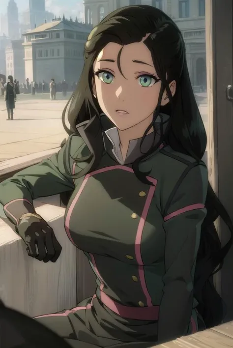 korraasami, <lora:avatar asami-lora-nochekaiser:1>, 
asami, long hair, (green eyes:1.5), (black hair:1.5),
BREAK gloves, long sleeves, jacket, pants, uniform, military, military uniform, makeup, lipstick,
BREAK outdoors,
BREAK looking at viewer,
BREAK <lyco:GoodHands-beta2:1>, (masterpiece:1.2), best quality, high resolution, unity 8k wallpaper, (illustration:0.8), (beautiful detailed eyes:1.6), extremely detailed face, perfect lighting, extremely detailed CG, (perfect hands, perfect anatomy),