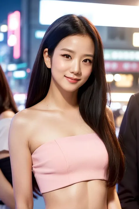 (bpjso:1), (jsoobp),   beautiful detailed girl, akihabara, outdoor, night, ((looking at viewer)), ((pink strapless crop top)), brown hair, long hair, brown eyes, ((portrait, upper body)), smile,  <lora:xelor_BlackPinkJisoo_v2.0:0.5>