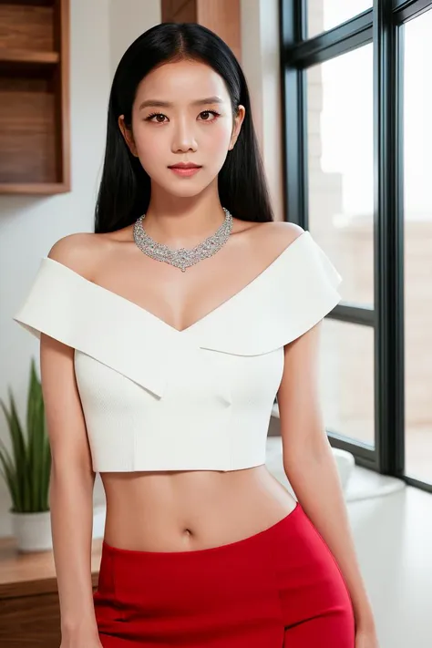 (bpjso:1)  1girl, breasts, solo, cleavage, large breasts, necklace, looking at viewer, long hair, bottomless, lips, crop top, midriff, miniskirt, realistic, cowbot shot, white crop top, bare shoulders, black hair, indoors, standing up, navel, closed mouth, shirt, smile, wooden floor, cleavage,  seductive look, <lora:xelor_BlackPinkJisoo_v2.0:1>