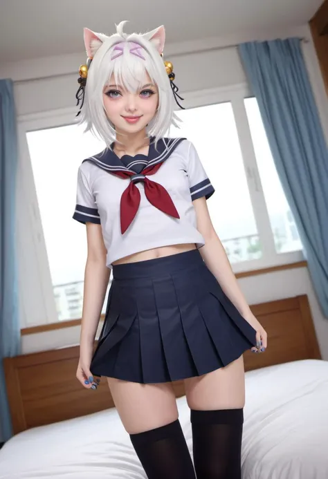 masterpiece, best quality, 8k, RAW, best quality, ultrarealistic, photorealistic, natural skin, detailed skin, (skindentation:0.3),<lora:Filian_SDXL:.8>, 1girl, solo, hair bell, blush, skirt, thighhighs, breasts, indoors, hair ornament, bell, covered navel, looking at viewer, pleated skirt, white hair, long hair, school uniform, ahoge, blue skirt, black thighhighs, jingle bell, hair intakes, blue nails, thigh strap, dutch angle, bangs, cat ears, hair between eyes, smile, serafuku, short sleeves, miniskirt, curtains, window, nail polish, shirt, standing, sailor collar, very long hair, ribbon, small breasts, bed, neckerchief, hair ribbon, tongue, blurry, masterpiece, best quality