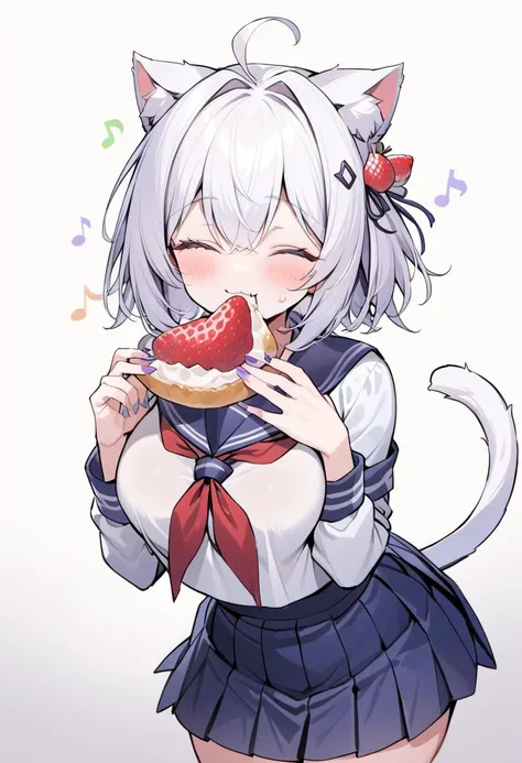 rating: general,  1girl, solo, , closed eyes, cat ears, food, fruit, serafuku, strawberry, skirt, ahoge, musical note, eating, :3, cat girl, purple and white hair, holding, neckerchief, pleated skirt, holding food, hair ornament, blue skirt, blush, breasts, red neckerchief, smile, short hair, eighth note, large breasts, hair intakes, hair between eyes, sailor collar, nail polish,, masterpiece, best quality