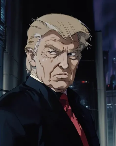 dynamic pose, (close portrait:1.2) of the_trump standing outdoors at night in a futuristic city street,, atmospheric < <lora:NEOTOKIO_V0.01:.8> <lora:D.Trump_v1:.4>