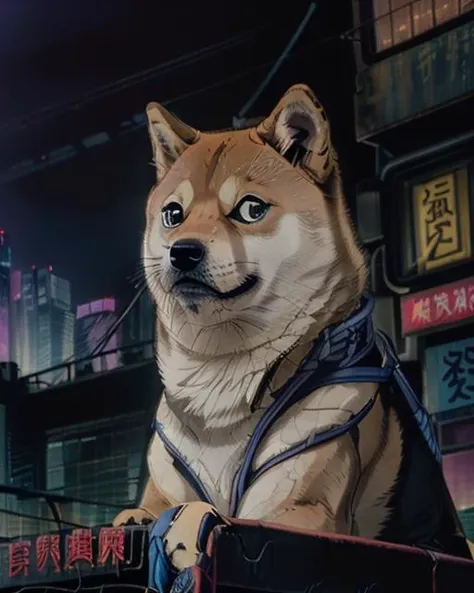 neon city, closeup portrait of a Shiba doge , sitting ona sign, , , buildings, signs, cyber tokio, cyberpunk, (night:1.3), dark <lora:NEOTOKIO_V0.01:.89> <lora:Doge_mnty_merge60_30:1>