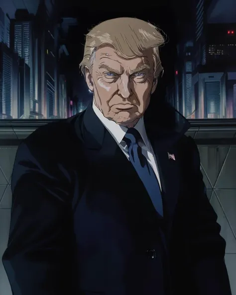 dynamic pose, (close portrait:1.2) of the_trump standing outdoors at night in a futuristic city street,, atmospheric < <lora:NEOTOKIO_V0.01:.8> <lora:D.Trump_v1:.45>