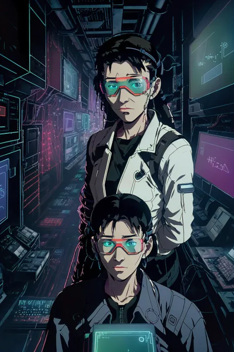 portrait of a cyberpunk female hacker with neon powered implants, cyber roomuwires, pipes, wired hemlet, goggles, holographic monitor <lora:NEOTOKIO_V0.01:0.9>
