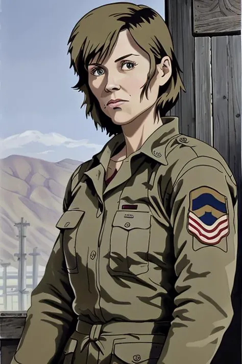 Julie Bowen portrait, soldier <lora:NEOTOKIO_V0.01:0.8>