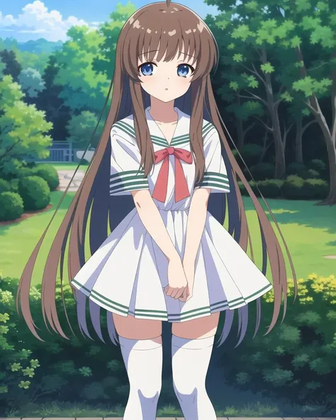 ((masterpiece)),(((best quality))), ((ultra-detailed)), ((illustration)), masterpiece, best quality, highres, {beautiful detailed eyes}, finely detail, 4k wallpaper, beautiful detailed eyes,
1girl, solo, (school uniform:1.0), wearing white thighhighs, (endlessly growing absurdly long brown hair:1.0), blue eyes, (standing in a garden:1.0), wariza, ahoge, green school uniform