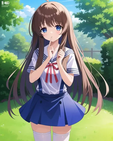 ((masterpiece)),(((best quality))), ((ultra-detailed)), ((illustration)), masterpiece, best quality, highres, {beautiful detailed eyes}, finely detail, 4k wallpaper, beautiful detailed eyes,
1girl, solo, (school uniform:1.0), wearing white thighhighs, (endlessly growing absurdly long brown hair:1.0), blue eyes, (standing in a garden:1.0), wariza, ahoge, green school uniform