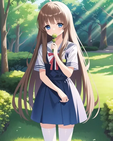 ((masterpiece)),(((best quality))), ((ultra-detailed)), ((illustration)), masterpiece, best quality, highres, {beautiful detailed eyes}, finely detail, 4k wallpaper, beautiful detailed eyes,
1girl, solo, (school uniform:1.0), wearing white thighhighs, (endlessly growing absurdly long brown hair:1.0), blue eyes, (standing in a garden:1.0), wariza, ahoge, green school uniform