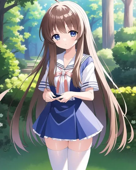 ((masterpiece)),(((best quality))), ((ultra-detailed)), ((illustration)), masterpiece, best quality, highres, {beautiful detailed eyes}, finely detail, 4k wallpaper, beautiful detailed eyes,
1girl, solo, (school uniform:1.0), wearing white thighhighs, (endlessly growing absurdly long brown hair:1.0), blue eyes, (standing in a garden:1.0), wariza, ahoge, green school uniform
