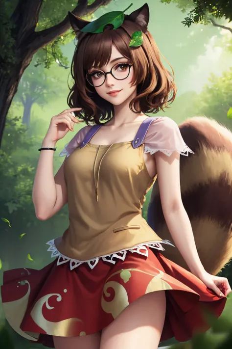 (masterpiece, best quality:1.2), <lyco:touhou_futatsuiwa-10:1.0>, cowboy shot, solo, 1girl, futatsuiwa, smile, closed mouth, looking at viewer, leaf on head, glasses, skirt, raccoon tail