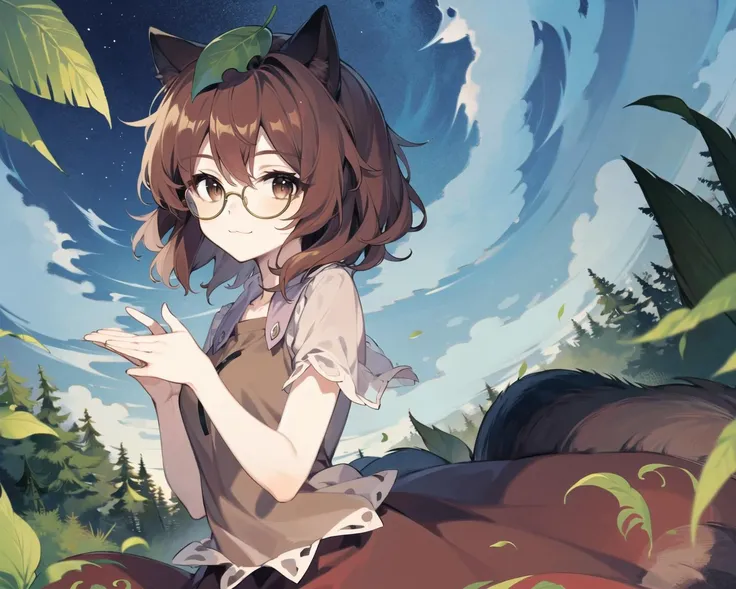 <lora:bacheally128epoch6:0.7> (masterpiece, best quality: 1.2), detailed, negative space, touhou, 1girl, futatsuiwa, leaf on head, short hair, glasses, skirt, (raccoon tail), brown hair, short hair, brown eyes, smile, looking at viewer, forest, night, :3, wave, <lora:touhou_futatsuiwa-10:0.9>