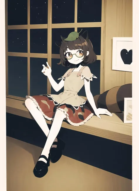 masterpiece, best quality, <lora:keke:1> <lora:add_detail:0>, symbol-shaped pupils, colorful, flat color, colorful, (1girl), (solo), <lora:LowRA:0.3>, looking at viewer, facing viewer, smile, full body, night, indoors, <lora:touhou_futatsuiwa:1>, futatsuiwa, smile, leaf on head, glasses, skirt, (raccoon tail)