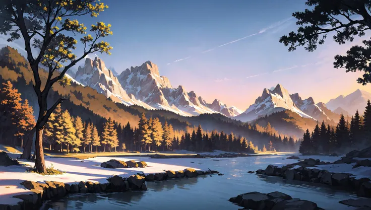 ((masterpiece:1.4,best quality)), cloud, outdoors,
(mountains), spring glade, scenery, sky, winter, village, tree, river,
high detail, abundant, 8k, high detail, wallpaper,
