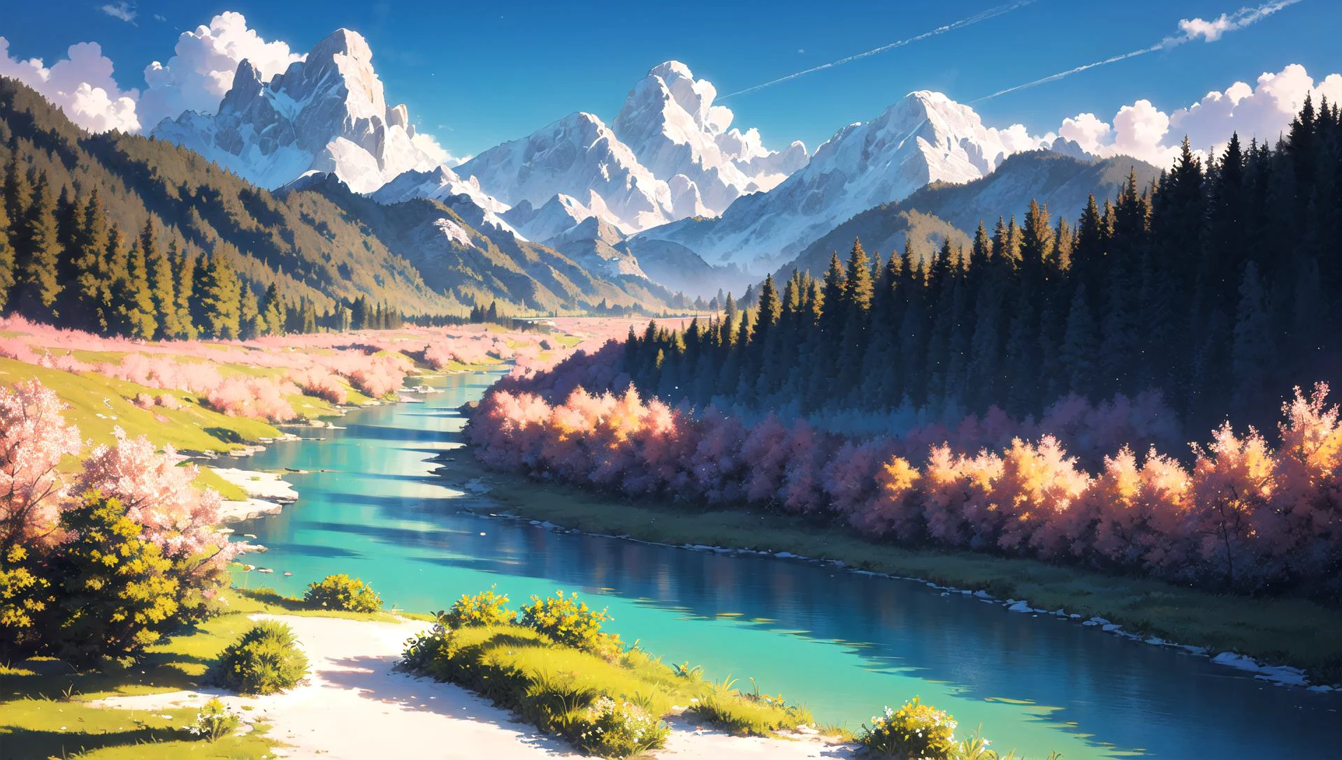 ((masterpiece:1.4,best quality)), cloud, outdoors,
(mountains), spring glade, scenery, sky, winter, village, tree, river,
high detail, abundant, 8k, high detail, wallpaper,