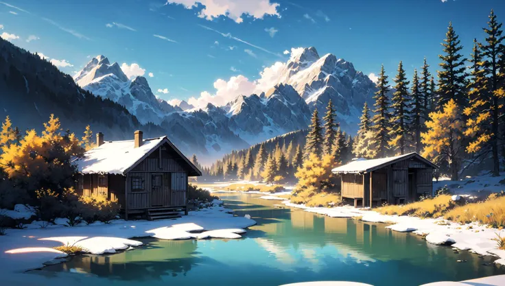 ((masterpiece:1.4,best quality)), cloud, outdoors, 
(mountains), spring glade, scenery, sky, winter, village, tree, pond, fishing hut
 high detail, abundant, 8k, high detail, wallpaper,