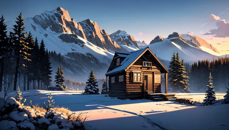 ((masterpiece:1.4,best quality)), cloud, outdoors
(mountains), spring glade, scenery, sky, winter, (cabin:1.2), tree,
(early morning:1.4),morning red, high detail, abundant, 8k, high detail, wallpaper,
