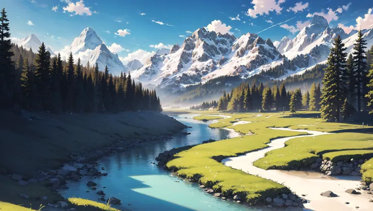 ((masterpiece:1.4,best quality)), cloud, outdoors,
(mountains), spring glade, scenery, sky, winter, village, tree, river,
high detail, abundant, 8k, high detail, wallpaper,