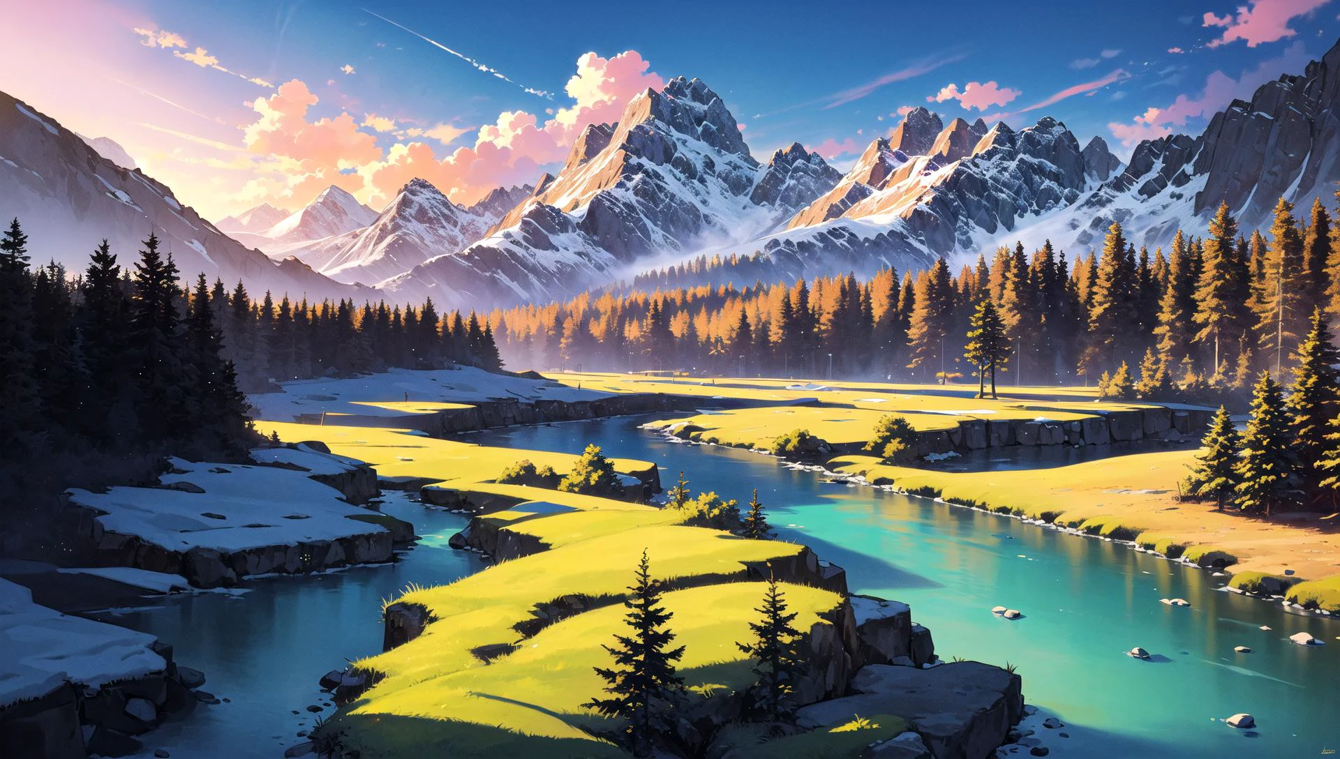 ((masterpiece:1.4,best quality)), cloud, outdoors,
(mountains), spring glade, scenery, sky, winter, village, tree, river,
high detail, abundant, 8k, high detail, wallpaper,