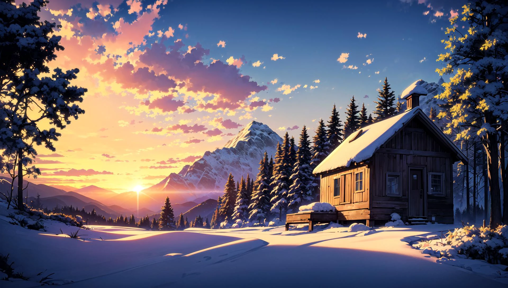 ((masterpiece:1.4,best quality)), cloud, outdoors
(mountains), spring glade, scenery, sky, winter, (cabin:1.2), tree,
(early morning:1.4),morning red, high detail, abundant, 8k, high detail, wallpaper,