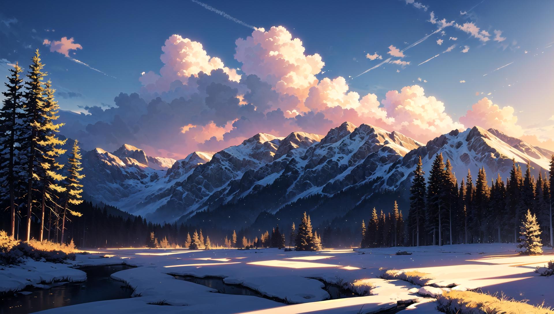 Snowy mountain landscape with a stream and trees in the foreground ...