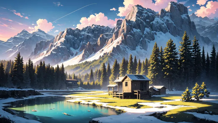 ((masterpiece:1.4,best quality)), cloud, outdoors, 
(mountains), spring glade, scenery, sky, winter, village, tree, pond, fishing hut
 high detail, abundant, 8k, high detail, wallpaper,