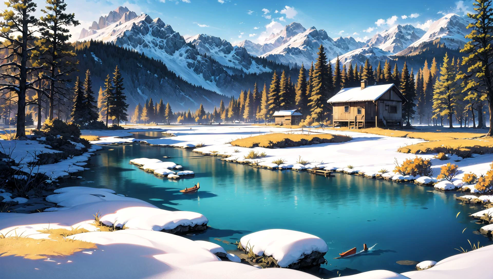 ((masterpiece:1.4,best quality)), cloud, outdoors,
(mountains), spring glade, scenery, sky, winter, village, tree, pond, fishing hut
high detail, abundant, 8k, high detail, wallpaper,