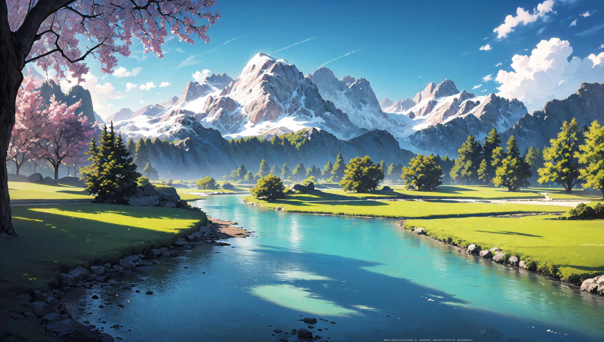 ((masterpiece:1.4,best quality)), cloud, outdoors,
(mountains), spring glade, scenery, sky, winter, village, tree, river,
high detail, abundant, 8k, high detail, wallpaper,