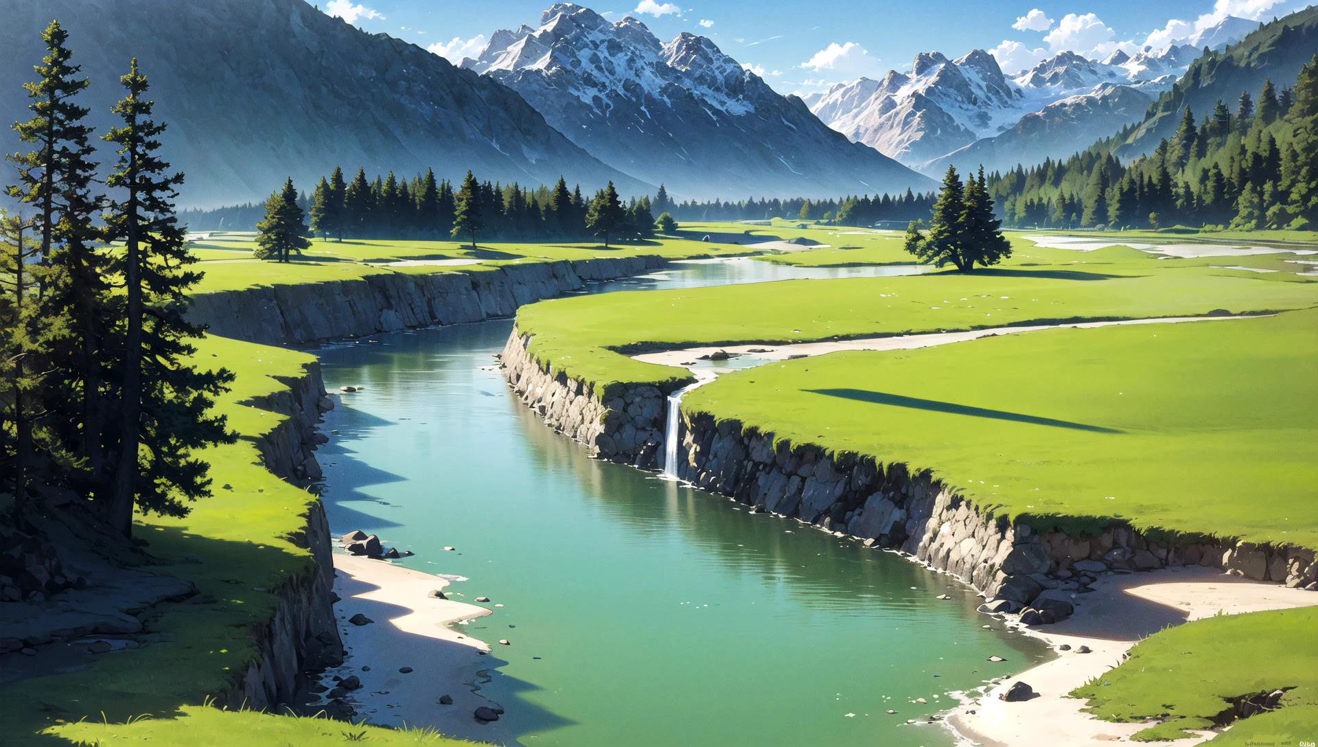 ((masterpiece:1.4,best quality)), cloud, outdoors,
(mountains), spring glade, scenery, sky, winter, village, tree, river,
high detail, abundant, 8k, high detail, wallpaper,