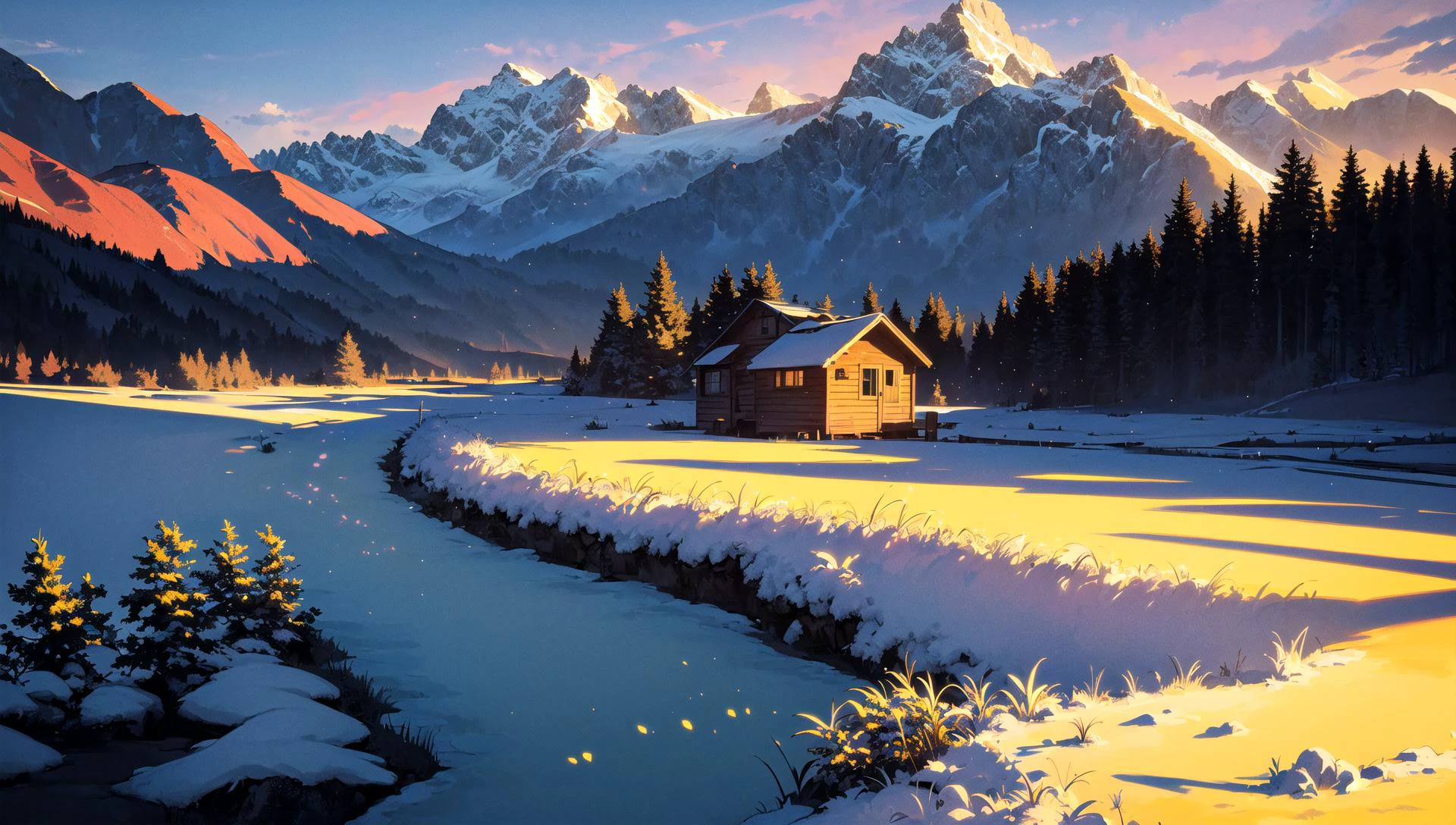 ((masterpiece:1.4,best quality)), cloud, outdoors
(mountains), spring glade, scenery, sky, winter, (cabin:1.2), tree,
(early morning:1.4),morning red, high detail, abundant, 8k, high detail, wallpaper,
