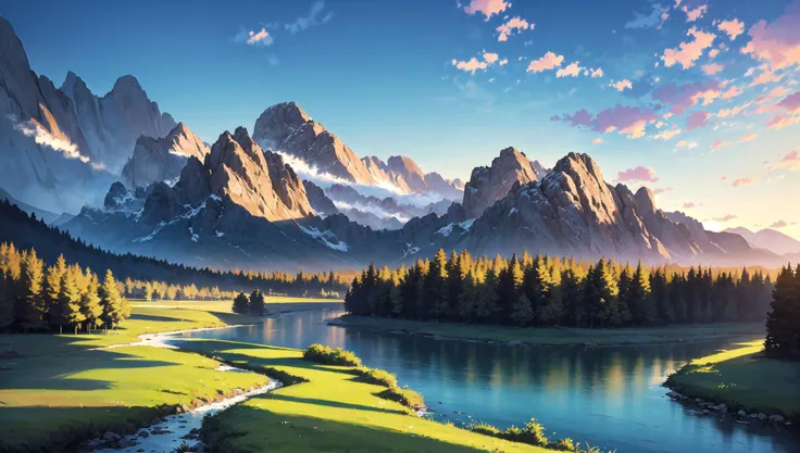 ((masterpiece:1.4,best quality)), cloud, outdoors, 
(mountains), spring glade, scenery, sky, winter, village, tree, river,
 high detail, abundant, 8k, high detail, wallpaper,