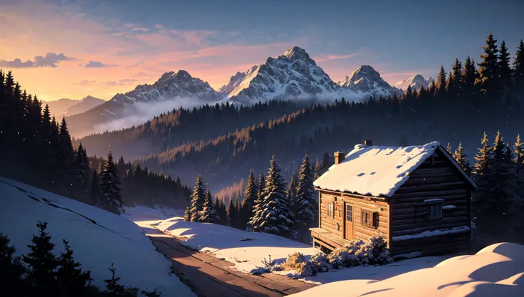 ((masterpiece:1.4,best quality)), cloud,  outdoors
(mountains), spring glade, scenery, sky, winter, (cabin:1.2), tree,
(early morning:1.4),morning red, high detail, abundant, 8k, high detail, wallpaper,