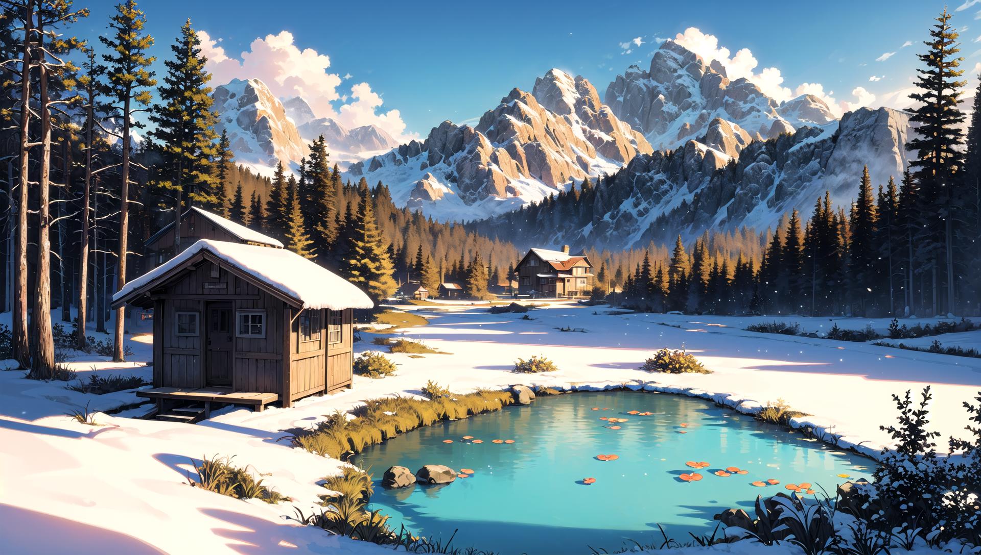 Snowy mountain scene with a cabin and a pond in the foreground - SeaArt AI