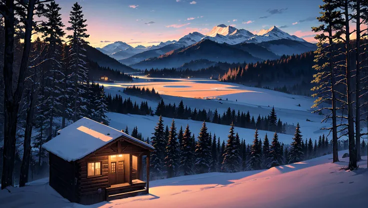 ((masterpiece:1.4,best quality)), cloud,  outdoors
(mountains), spring glade, scenery, sky, winter, (cabin:1.2), tree,
(early morning:1.4),morning red, high detail, abundant, 8k, high detail, wallpaper,