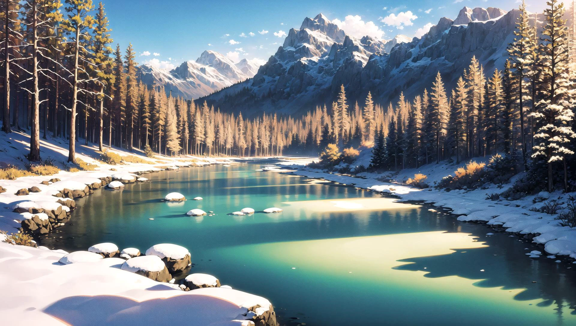 ((masterpiece:1.4,best quality)), cloud, outdoors,
(mountains), spring glade, scenery, sky, winter, village, tree, river,
high detail, abundant, 8k, high detail, wallpaper,
