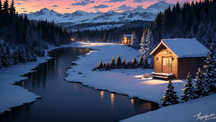 ((masterpiece:1.4,best quality)), cloud, outdoors
(mountains), spring glade, scenery, sky, winter, (cabin:1.2), tree,
(early morning:1.4),morning red, high detail, abundant, 8k, high detail, wallpaper,