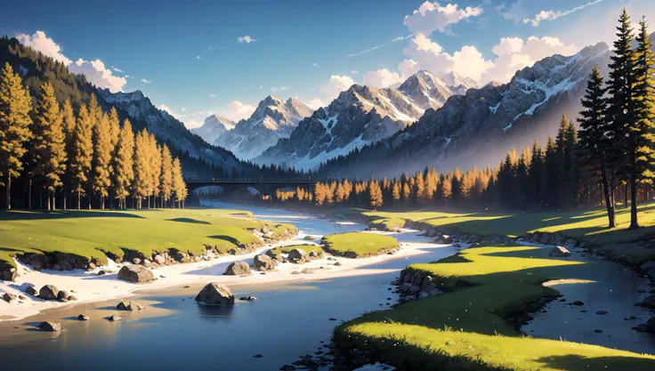 ((masterpiece:1.4,best quality)), cloud, outdoors, 
(mountains), spring glade, scenery, sky, winter, village, tree, river,
 high detail, abundant, 8k, high detail, wallpaper,