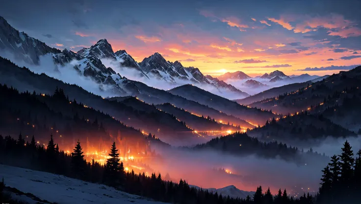 ((masterpiece:1.4,best quality)), cloud, outdoors
(mountains), spring glade, scenery, sky, winter, (cabin:1.2), tree,
(early morning:1.4),morning red, high detail, abundant, 8k, high detail, wallpaper,