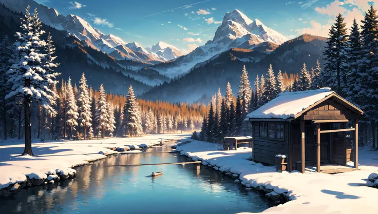 ((masterpiece:1.4,best quality)), cloud, outdoors,
(mountains), spring glade, scenery, sky, winter, village, tree, pond, fishing hut
high detail, abundant, 8k, high detail, wallpaper,
